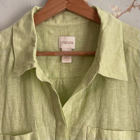 Chicos Womens 100% Linen Shirt Dress Size 2 Green Minimalist Coastal Resort - Picture 4 of 9